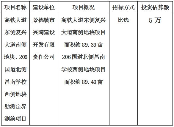 景德鎮(zhèn)市高鐵大道東側(cè)復(fù)興大道南側(cè)地塊、206國道北側(cè)昌南學(xué)校西側(cè)地塊勘測定界測繪項目計劃公告