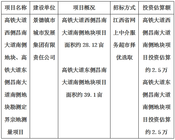 景德鎮(zhèn)市高鐵大道西側(cè)昌南大道南側(cè)地塊、高鐵大道東側(cè)昌南大道南側(cè)地塊勘測(cè)定界宗地測(cè)量項(xiàng)目計(jì)劃公告
