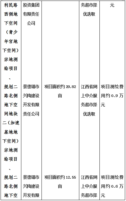 景德鎮(zhèn)市昌南新區(qū)LJ1-03-A01-1地塊、瓷都大道東側(cè)中渡口地下空間（格蘭云天大酒店地下空間）、光明大道北側(cè)利民路西側(cè)地下空間（青少年宮地下空間）、規(guī)劃二路北側(cè)地下空間地塊二（加速基地地下空間）、規(guī)劃二路北側(cè)地下空間地塊一（加速基地地下空間）、景德大道南側(cè)天寶橋西側(cè)地塊、景興大道東側(cè)如意路北側(cè)地下空間(社會(huì)公共服務(wù)