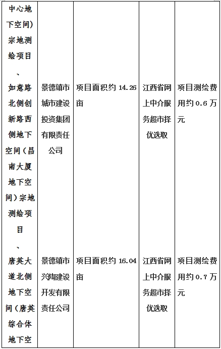 景德鎮(zhèn)市昌南新區(qū)LJ1-03-A01-1地塊、瓷都大道東側(cè)中渡口地下空間（格蘭云天大酒店地下空間）、光明大道北側(cè)利民路西側(cè)地下空間（青少年宮地下空間）、規(guī)劃二路北側(cè)地下空間地塊二（加速基地地下空間）、規(guī)劃二路北側(cè)地下空間地塊一（加速基地地下空間）、景德大道南側(cè)天寶橋西側(cè)地塊、景興大道東側(cè)如意路北側(cè)地下空間(社會(huì)公共服務(wù)