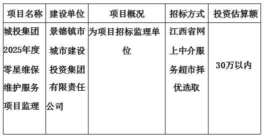 城投集團2025年度零星維保維護服務(wù)項目監(jiān)理計劃公告