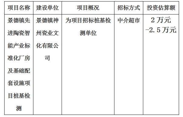 景德鎮(zhèn)先進陶瓷智能產業(yè)標準化廠房及基礎配套設施項目樁基檢測計劃公告