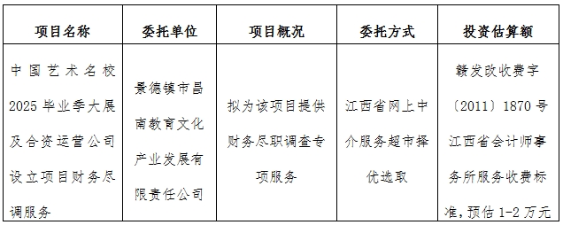 中國藝術(shù)名校2025畢業(yè)季大展及合資運營公司設(shè)立項目財務盡調(diào)服務計劃公告
