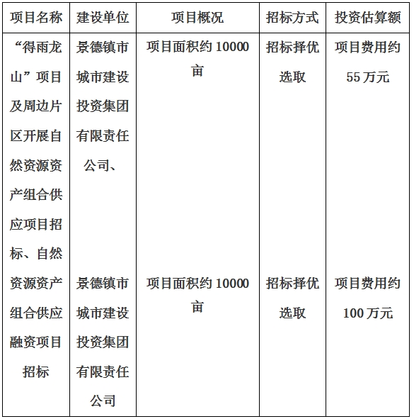 景德鎮(zhèn)市“得雨龍山”項目及周邊片區(qū)開展自然資源資產(chǎn)組合供應(yīng)項目、自然資源資產(chǎn)組合供應(yīng)融資項目招標(biāo)計劃公告