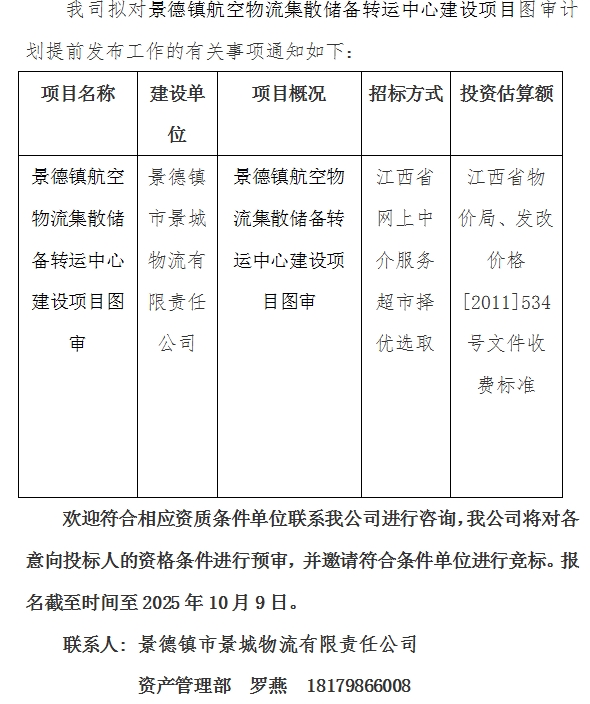 景德鎮(zhèn)航空物流集散儲備轉(zhuǎn)運中心建設項目圖審計劃公告