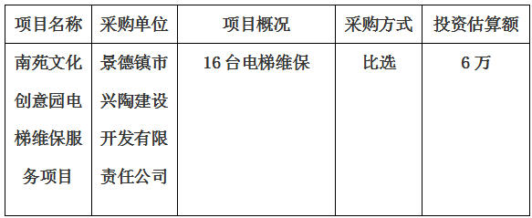 南苑文化創(chuàng)意園電梯維保服務(wù)項目采購計劃 公告